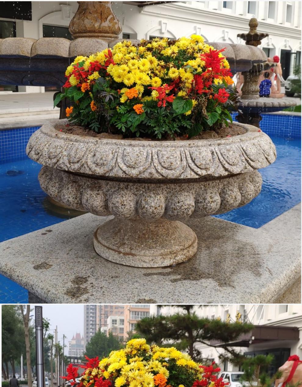 花盆黄锈石花坛庭院别墅景观花岗岩石材花钵雕塑定制直径40厘米