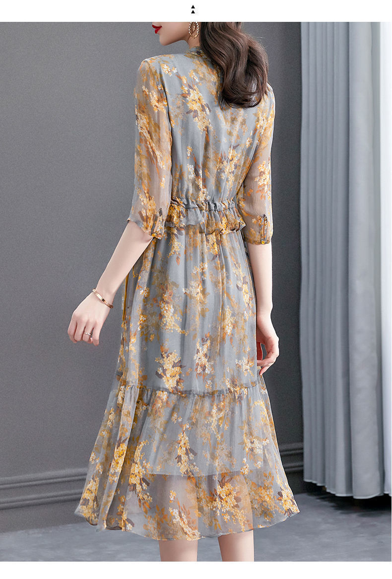 2021年新款女装春季仿真丝连衣裙中长款收腰显瘦气质仿桑蚕丝碎花裙子