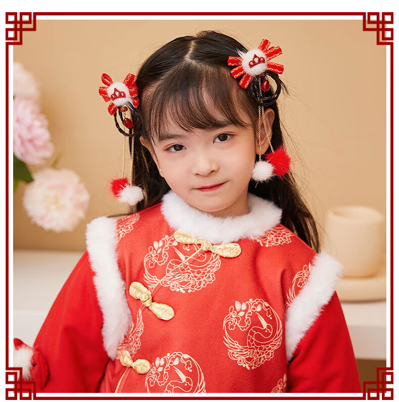 儿童汉服发饰新年头饰宝宝拜年中国风红色发卡小女孩公主古风发夹红