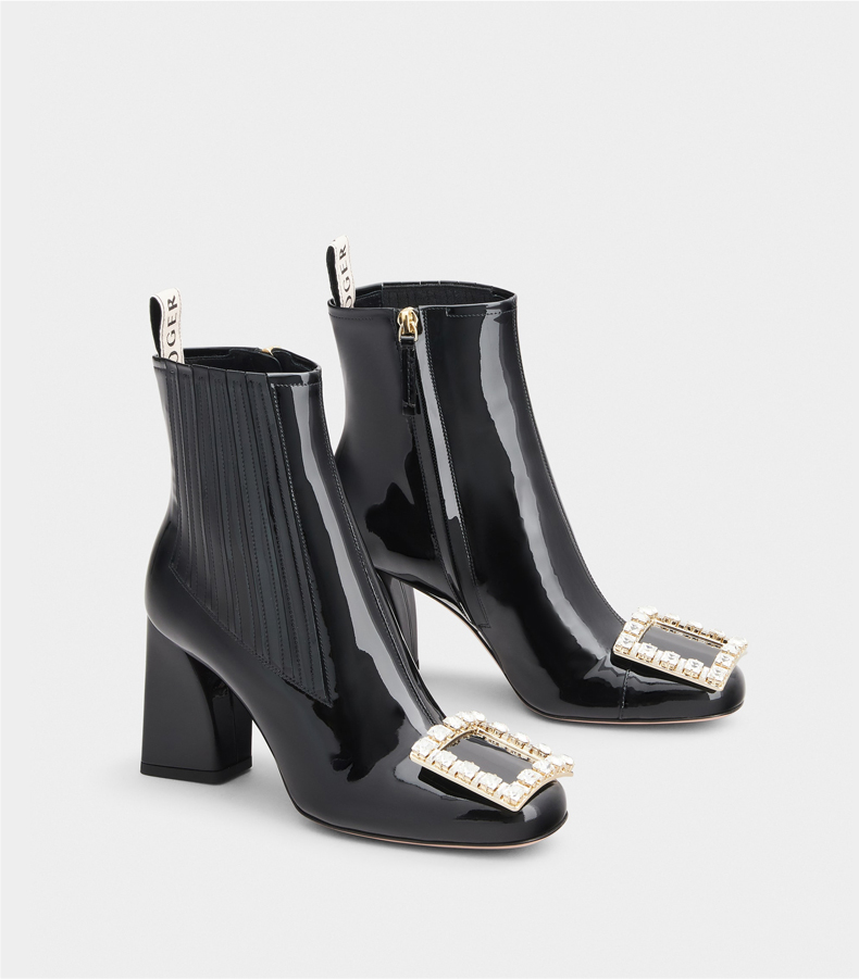 roger vivier/rv女鞋tres vivier钻扣切尔西靴漆皮高跟靴方头粗跟鞋