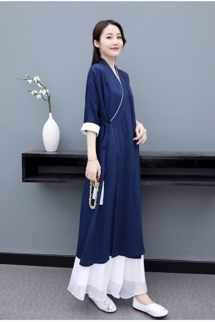 居士修行佛系女装改良汉服中国风日常中式交领外套宽松禅服茶服女藏青