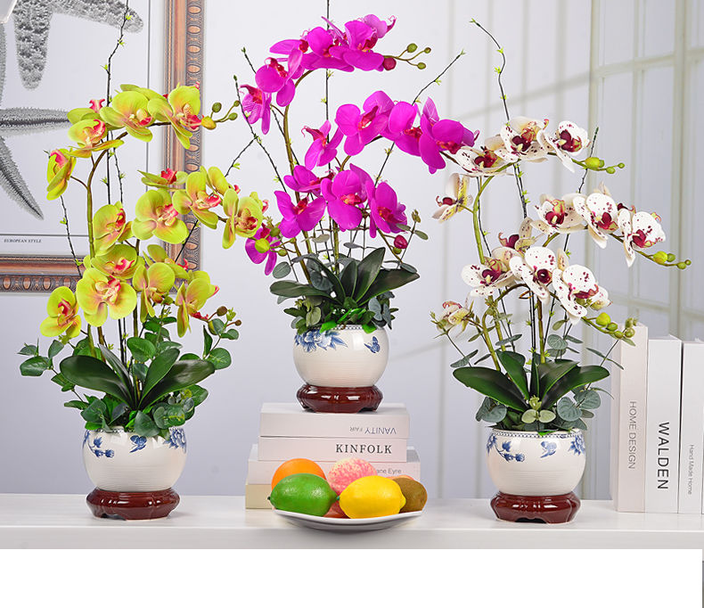 新中式蝴蝶兰盆景套装假花盆栽艺术插花绢花塑料花客厅电视柜摆件 新