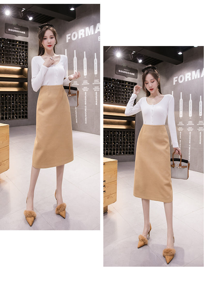 半身裙女秋冬新款毛呢字裙女高腰开叉过膝半身长裙学生气质裙驼色2xl