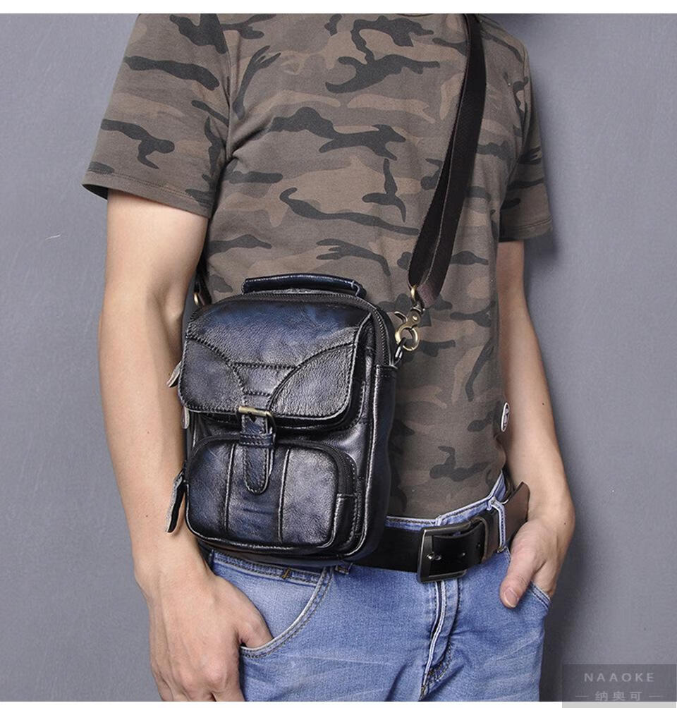 纳奥可 高档头层疯马皮牛皮 复古男士潮酷手机相机户外腿包腰包百搭