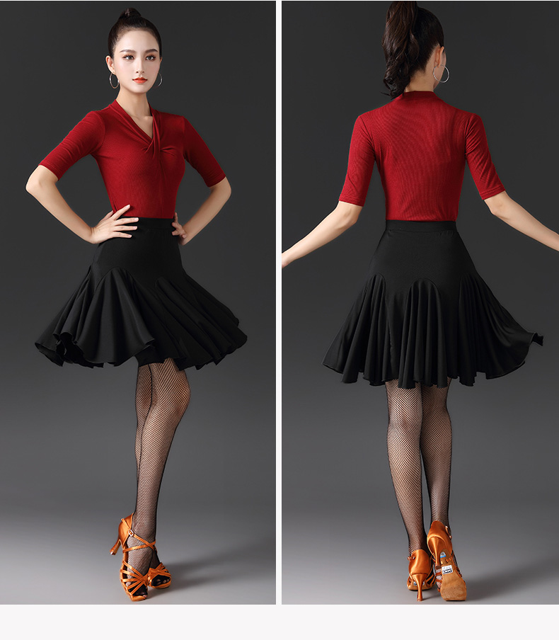 交谊舞装女上衣新款女成年上衣中袖国标摩登舞蹈练功跳交谊舞衣v领