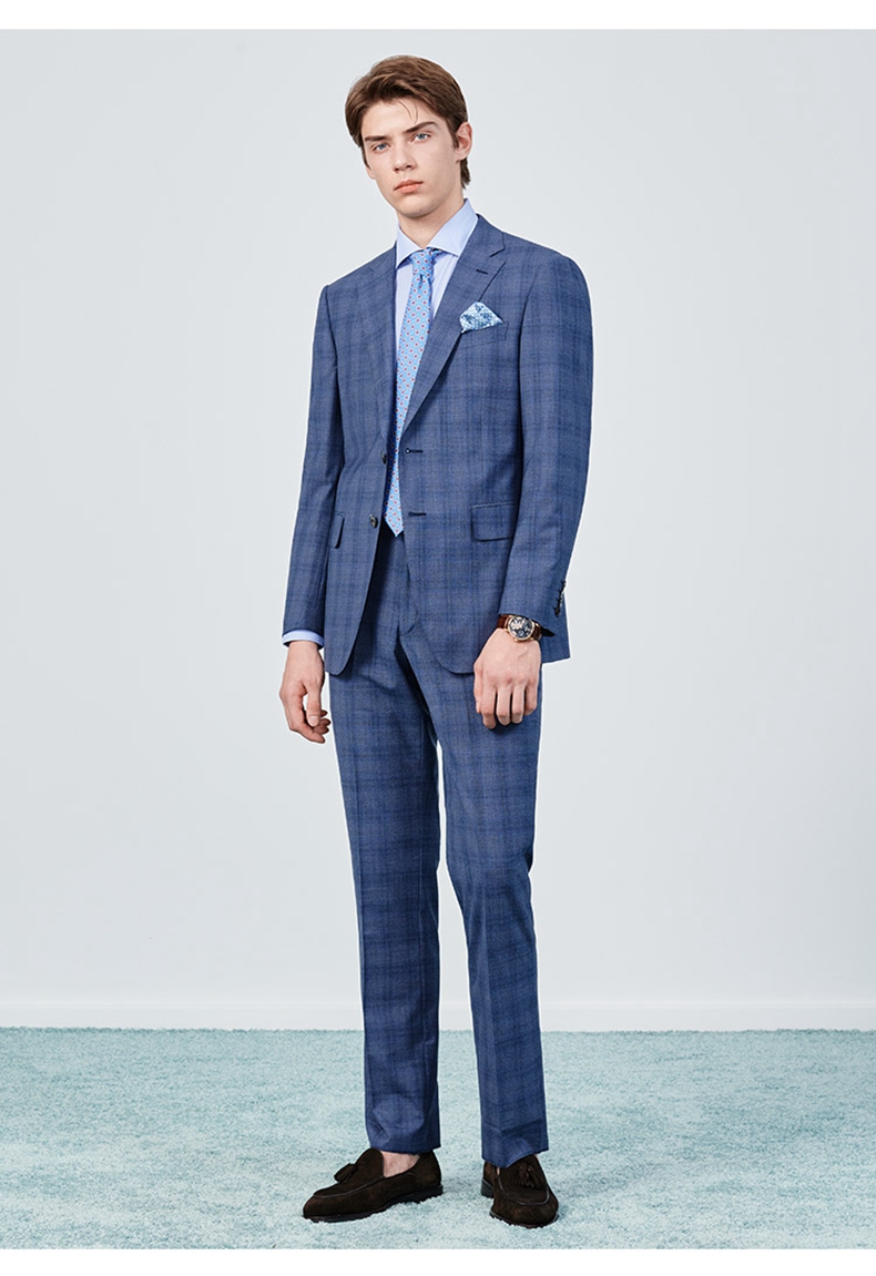 jodoll乔顿西服上衣男商务帅羊毛暗格纹格子小西装外套蓝色48b