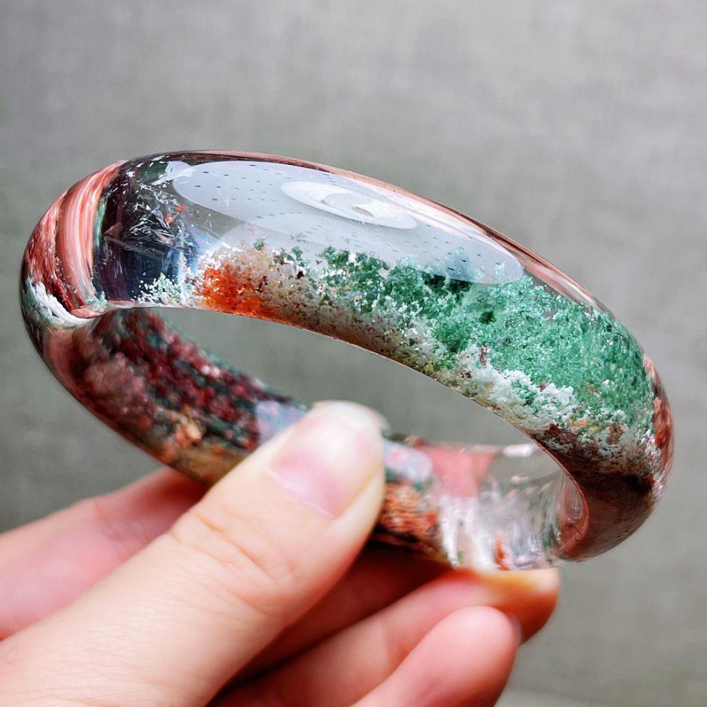 古珍水晶手镯彩幽灵绿幽灵水晶手镯女款一物一图镯子饰品圈口54送长辈