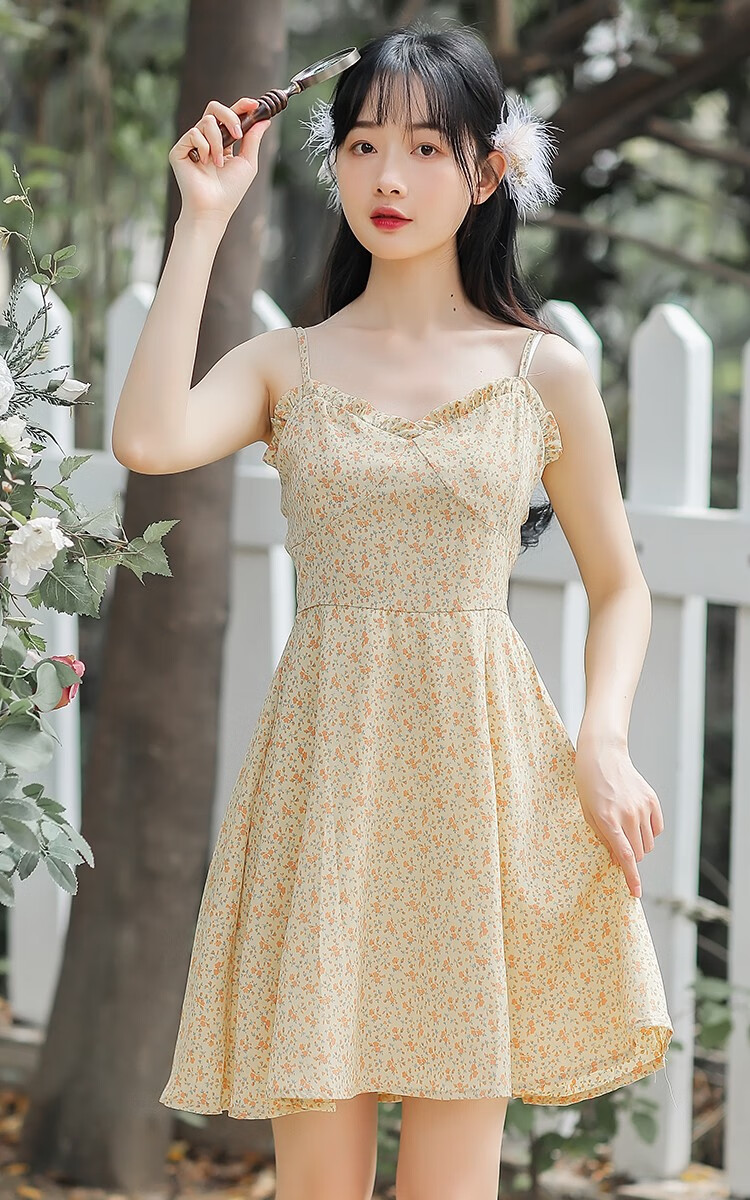 甄虹2021新款温柔小清新碎花吊带裙 6520黄色吊带裙 s