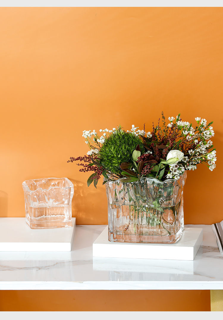 冰川纹方缸创意正方形水培绿植物铜钱草花盆白掌绿萝水养玻璃花瓶冰川