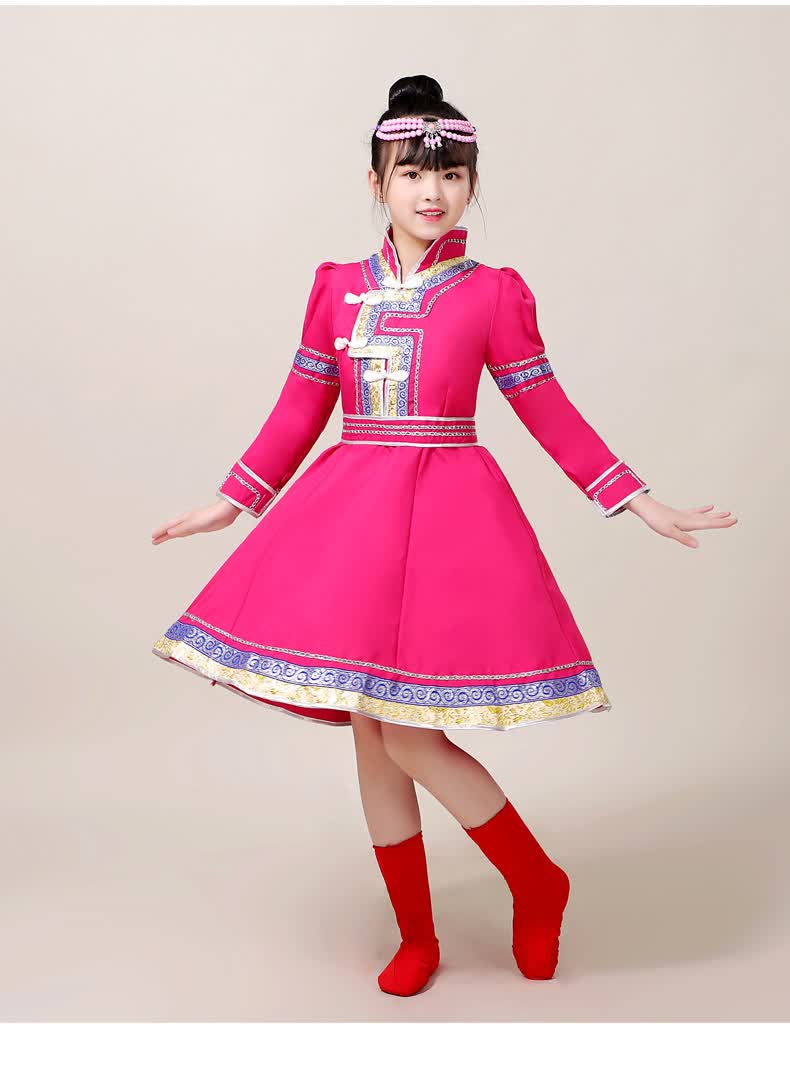 儿童蒙古舞蹈服装演出服女童民族舞蹈表演服饰蒙古袍舞台长裙大摆