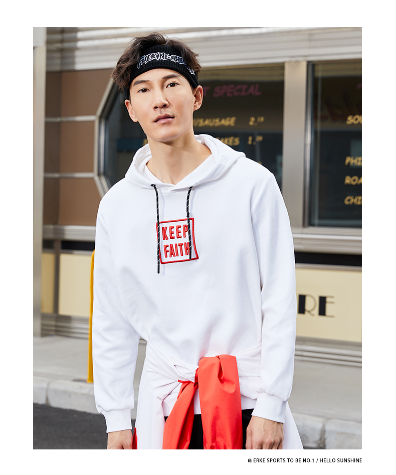 鸿星尔克男装套头衫男子卫衣运动休闲字母连帽长袖上衣 正黑 l