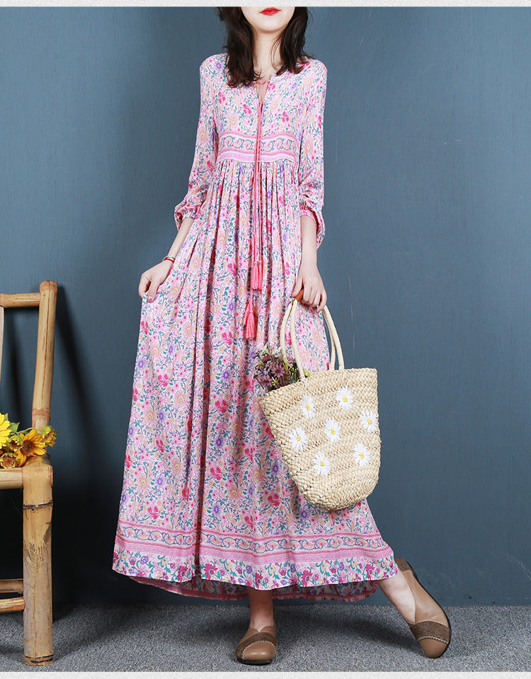 印花连衣裙女春夏季长款大摆裙宽松波西米亚长裙子红色l120135斤左右