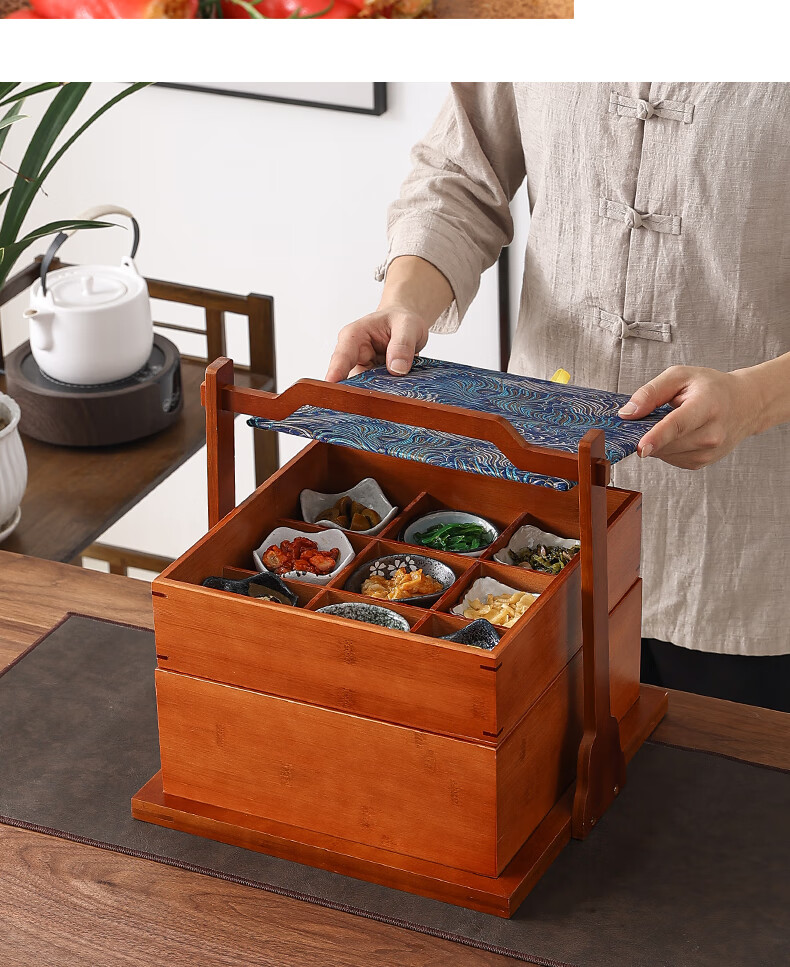 食盒提篮 多层 中式中式复古多层野餐篮手提篮茶具收纳盒点心篮结婚