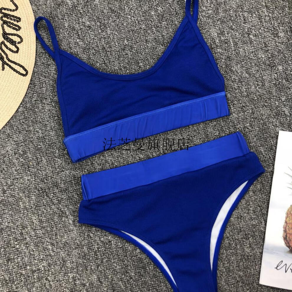 欧美带胸垫纯色比基尼性感时尚比坚尼高腰分体泳衣沙滩泳装bikini