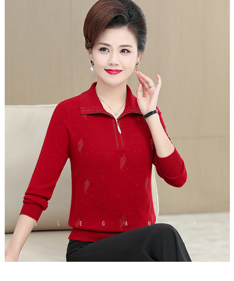高档高品质羊绒衫女100100%纯羊毛妈妈冬装大码翻领毛衣中老年羊毛