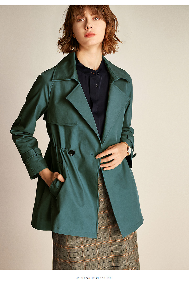 法曼萱墨绿色风衣女秋季2022新款休闲时尚矮个子中长外套墨绿色15580a