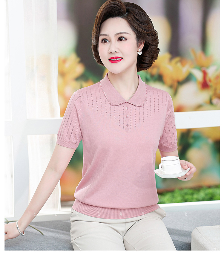 有领的反领显瘦中年女士短袖t恤带领4050岁妈妈装夏天减龄妇女夏装