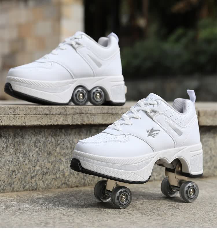 米高男女四轮暴走鞋成年隐形双排轮滑冰溜冰鞋可走可滑有带滑轮的鞋子