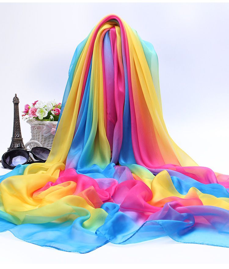 夏天披肩防晒丝巾沙滩彩虹七彩色丝巾女百搭春秋围巾薄款纱巾长款大