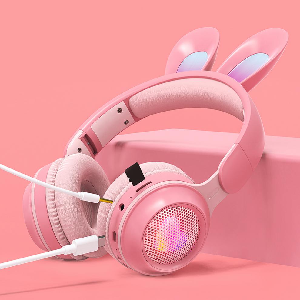 abdt头戴式儿童耳机无线发光兔耳朵带长麦女生音乐蓝牙耳机蓝纸盒包装