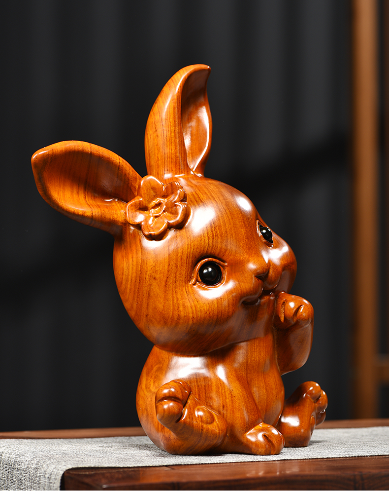 嘉鑫辉煌花梨木雕摆件可爱兔子实木头雕刻动物生肖女生日礼物桌面办公