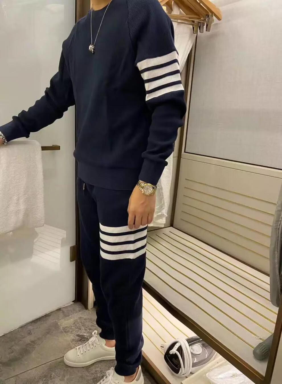 汤姆秋冬季布朗tb华夫格男女套装四道杠条纹卫衣连帽衫外套卫裤长裤