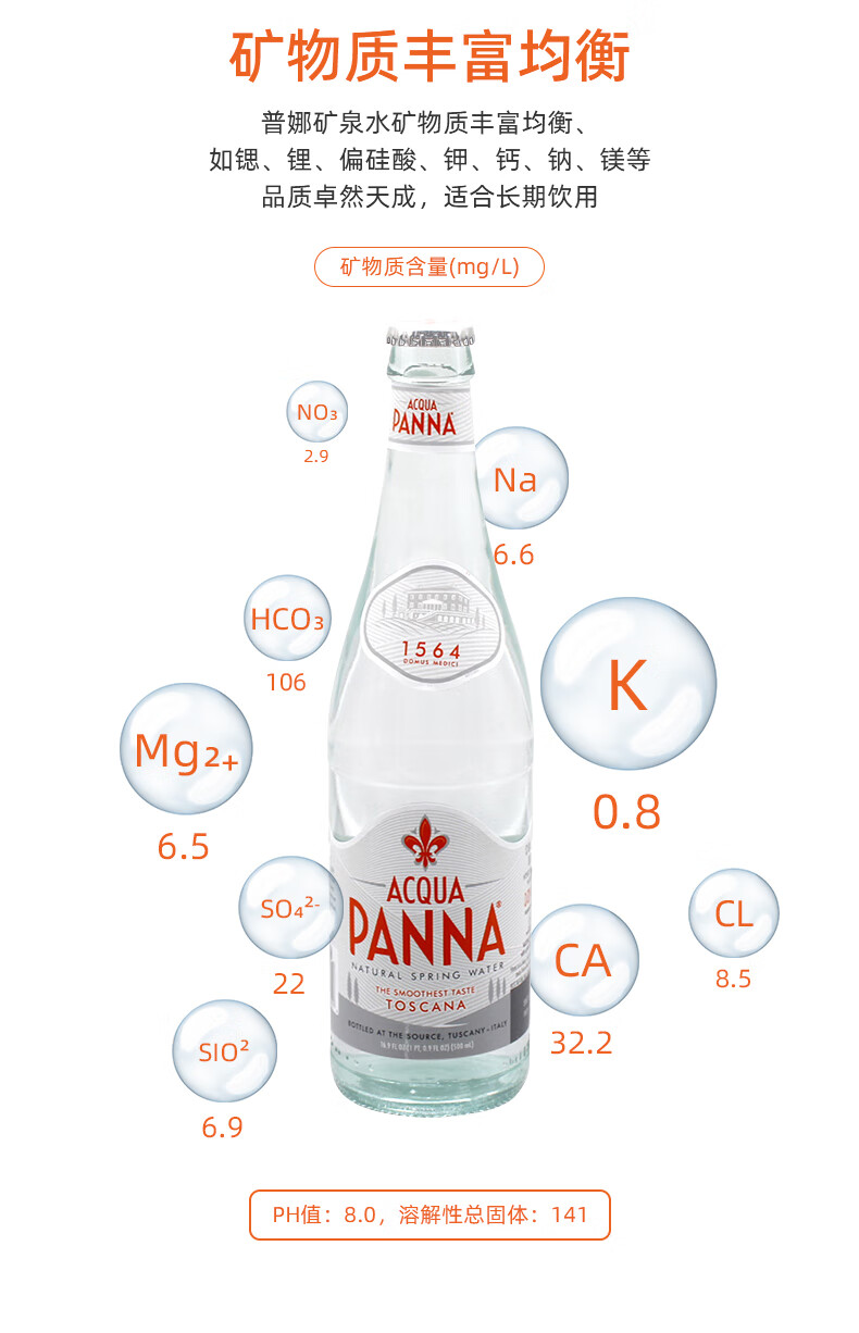 意大利原装进口 普娜(acqua panna)天然矿泉水 750ml*6瓶【玻璃瓶】