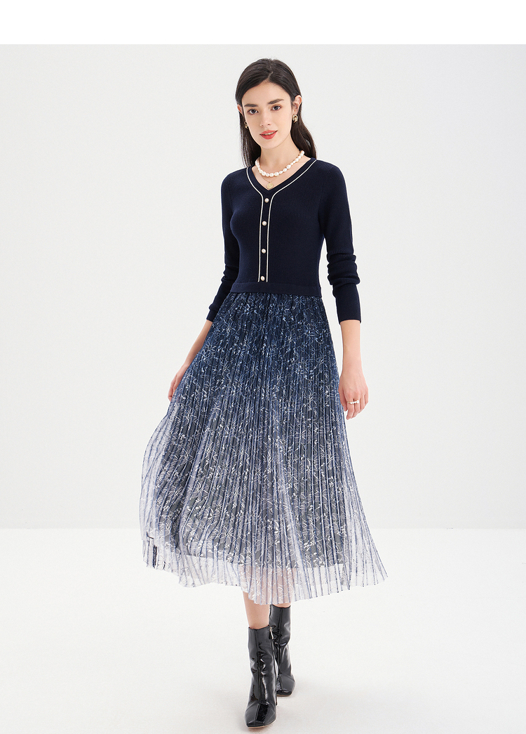 商场同款影儿诗篇女装2020冬季新款针织拼接渐变色网纱连衣裙 藏蓝 44