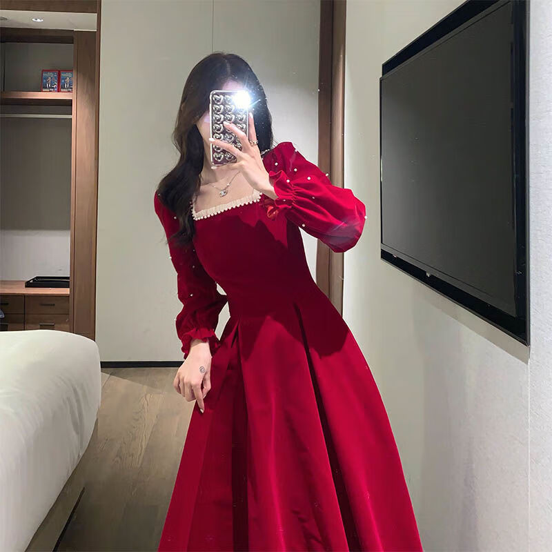 晚礼服女新款高端气质显瘦红色订婚本命年公主裙子法式打底连衣裙女