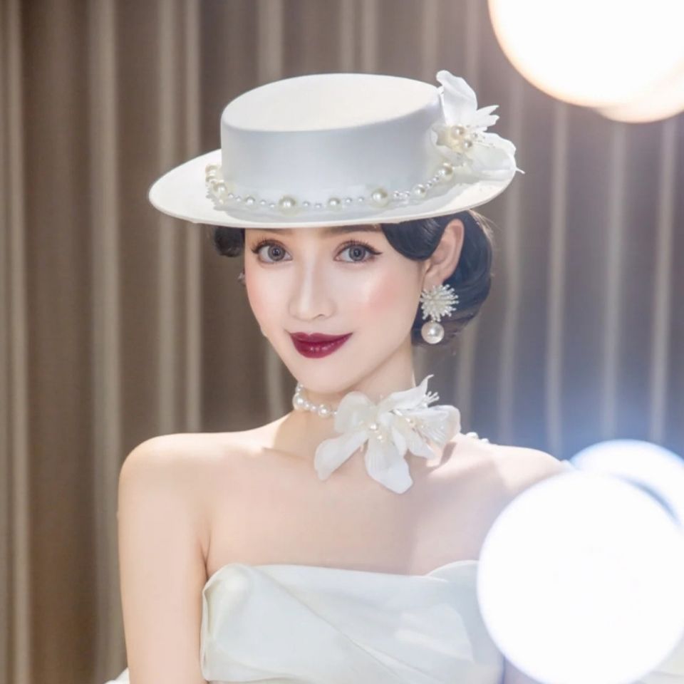 lucaly礼服帽女英伦法式新娘气质礼帽白色串珠蝴蝶结复古大礼帽影楼