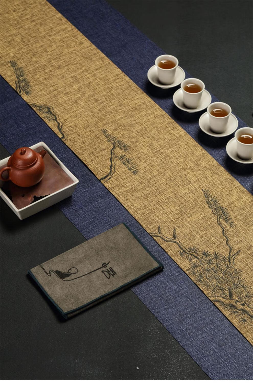 茶盘竹席垫哲明手绘日式茶桌旗禅意防水茶席布棉麻禅意布艺茶道麻布茶