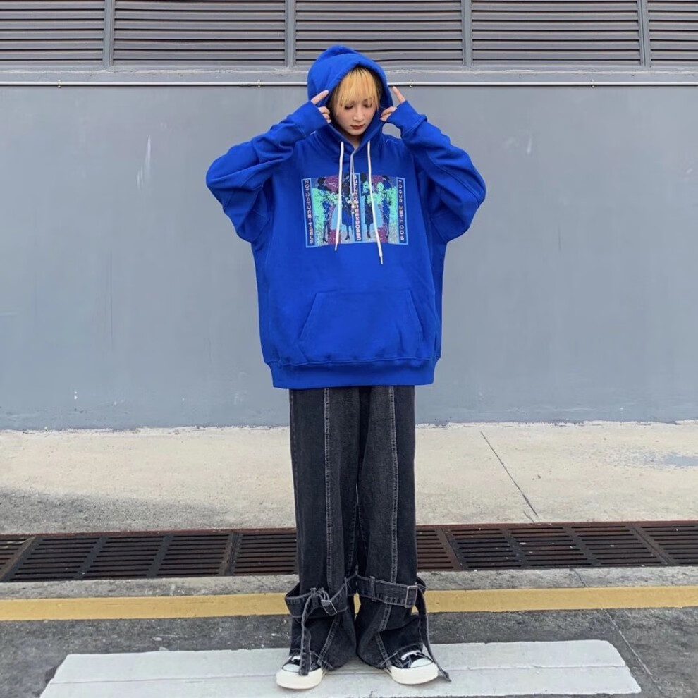 oversize宝蓝色连帽卫衣女男秋新款潮ins慵懒风宽松高街情侣上衣蓝色