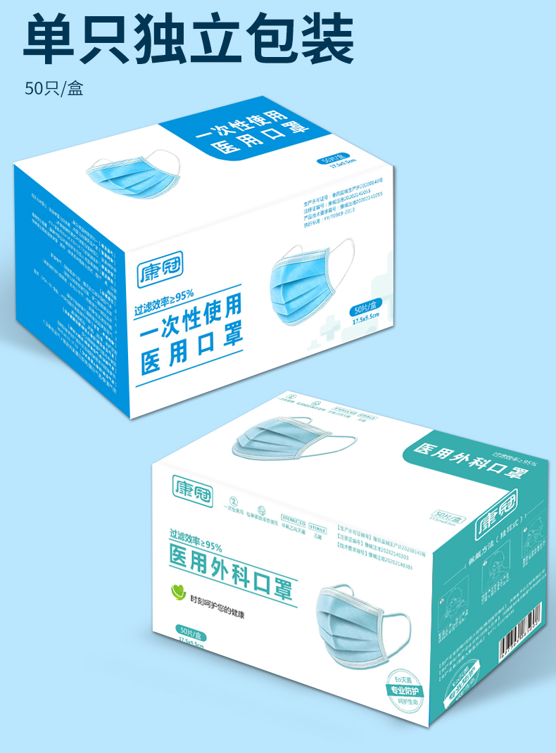 口罩白色独立包装医生专用轻薄透气蓝色医用外科口罩50只独立装灭菌级