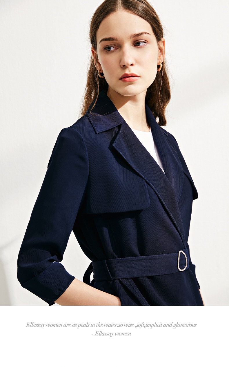 ellassay歌力思2021春夏新款经典翻领双排扣收腰休闲中长款风衣 藏