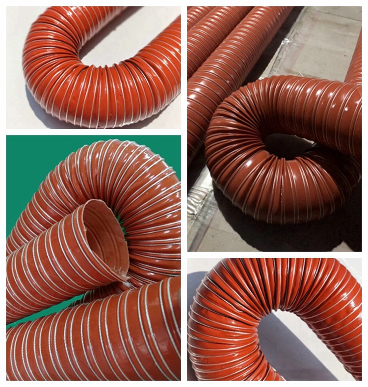 织语红色矽胶高温风管耐300度排烟通风管尼龙布帆布伸缩钢丝硅胶软管