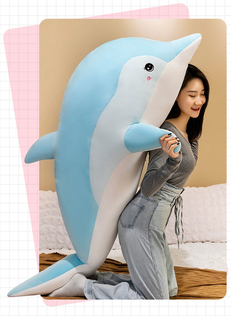 海豚公仔毛绒玩具睡觉抱枕男孩女孩可爱长条枕大号床上布娃娃玩偶粉色