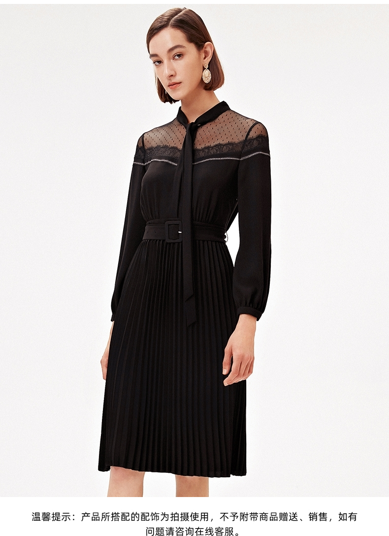 ellassay歌力思女装2021早秋新款系带优雅蕾丝拼接百褶连衣裙 经典黑