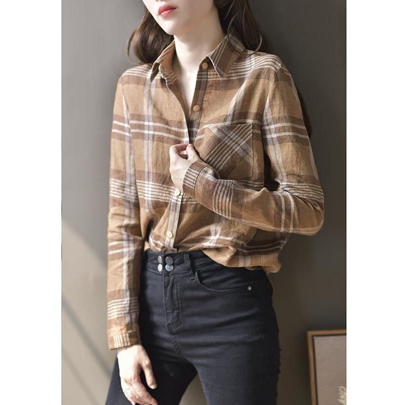 格子衬衫女长袖春秋复古2021新款英伦风宽松时髦腔调衬衣卡其色s建议