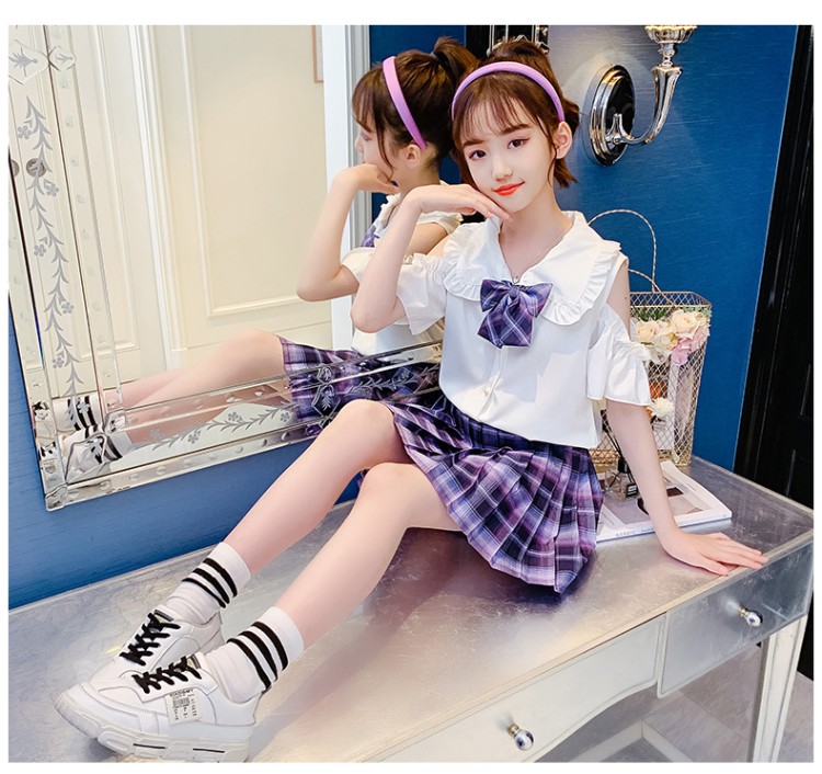 exemabajk制服女童夏装正版全套装小学生夏季格裙子学院风儿童连衣裙