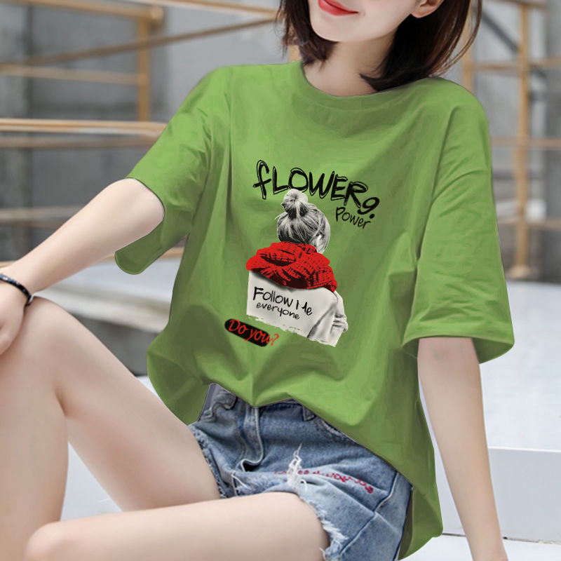 美斯馨短袖t恤女上衣夏天半袖女夏学生韩版宽松短袖上衣绿色休闲百搭