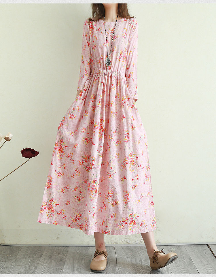 女装新款复古文艺碎花连衣裙女2021夏季大码宽松显瘦系带收腰气质长