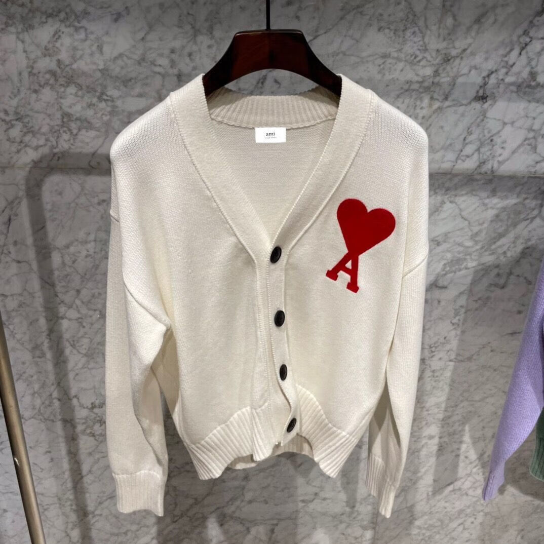 正确版本ami开衫爱心字母桃心a刺绣红心针织衫v领秋冬毛衣 2106深绿色