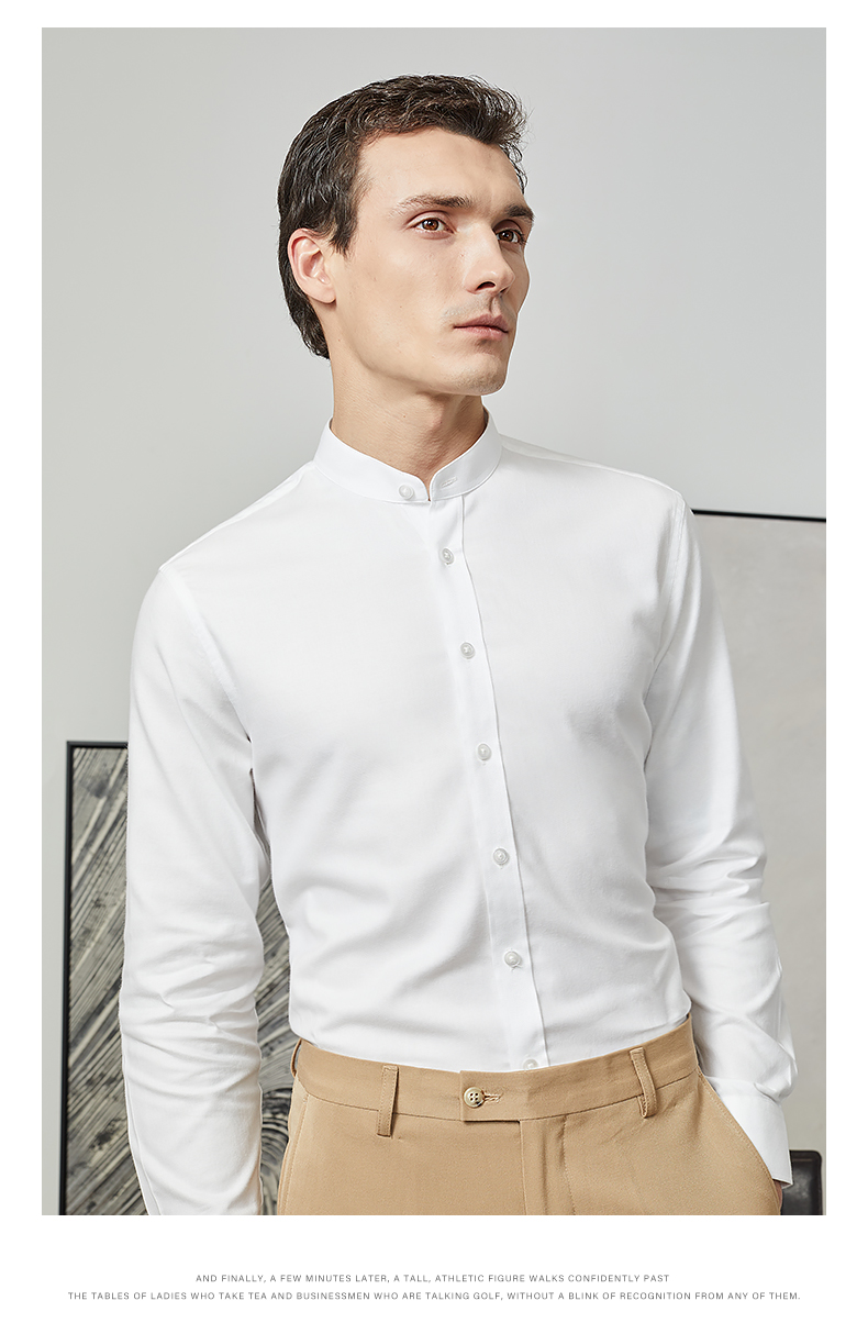 罗蒙旗舰官方店中华立领衬衫男长袖白色免烫无领小立领中山装内搭冰丝