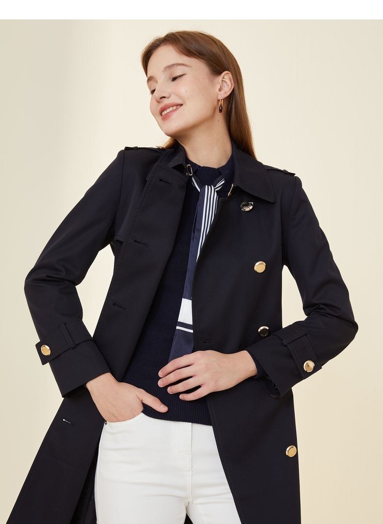 scofield女装春季款款英伦风优雅职业经典双排扣中长款风衣 藏青 160