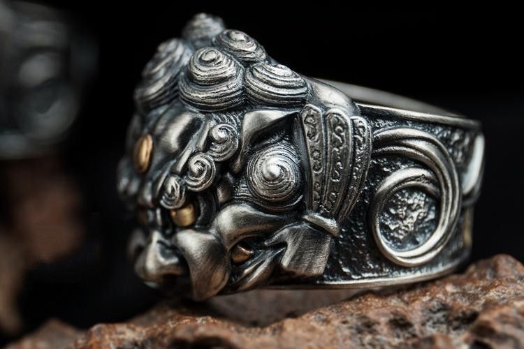 诗筠轻奢vulcan伏尔甘醒狮戒指中国风手工雕刻s925银饰活口扳指个性