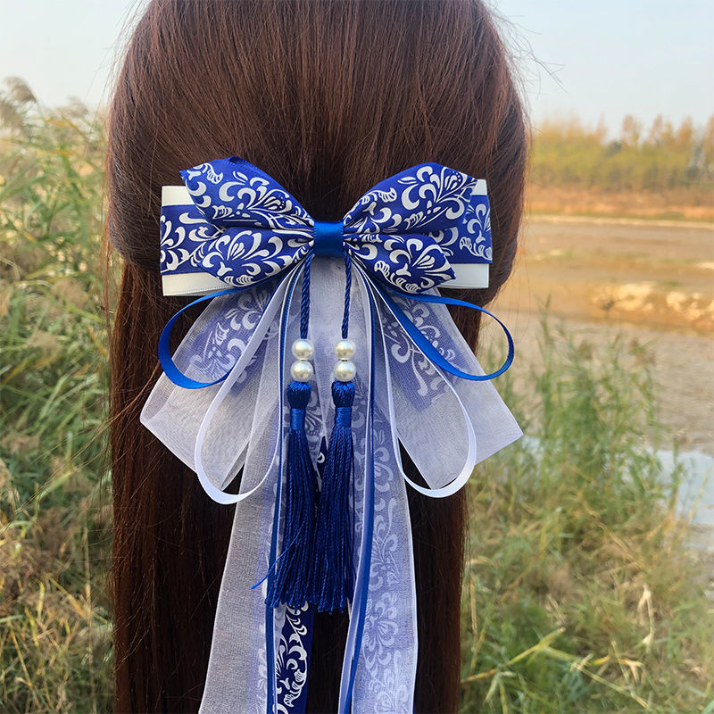 曲美思青花瓷发饰蝴蝶结中国风民族风头饰古风小仙女长飘带流苏发夹