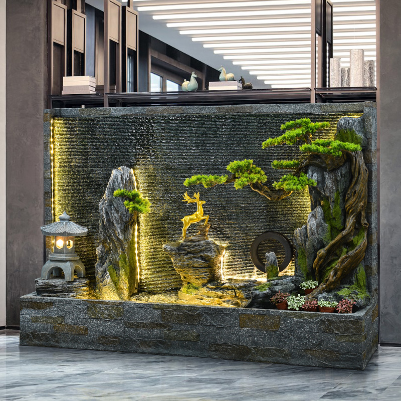 大型高山流水喷泉水幕墙屏风摆件办公室假山水系景观庭院入户隔断花园