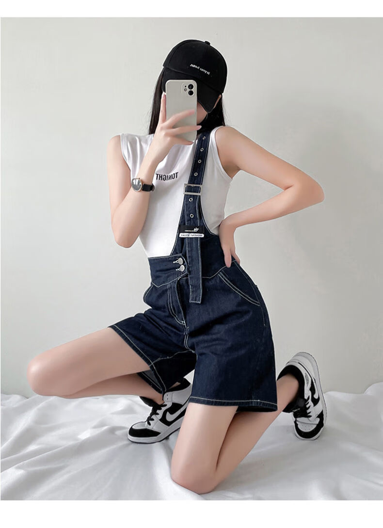 薄款白色牛仔单肩背带裤女夏辣妹网红减龄小个子五分背带短裤蓝色xs