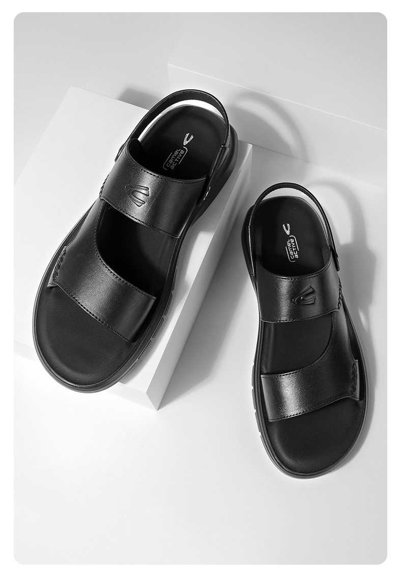 camelactive骆驼动感凉鞋男夏季新款真皮沙滩鞋外穿两用凉拖鞋黑色