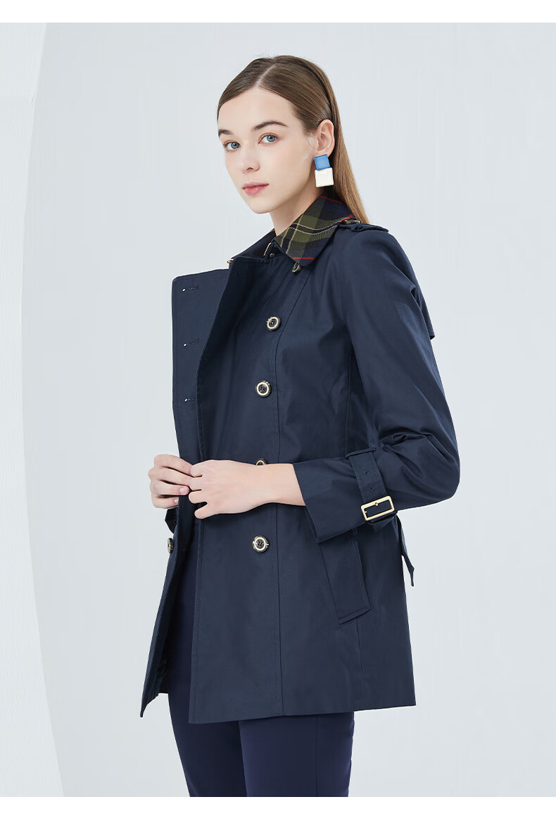 scofield 女装早秋季英伦风拼色翻领双排扣经典短风衣外套女纯色简约